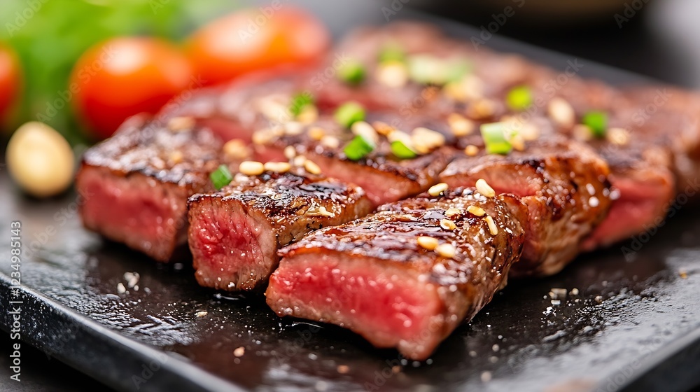 CloseUp of Juicy Grilled Steak Garnished with Green Onions : Generative AI CloseUp of Juicy Grilled Steak Garnished with Green Onions : Generative AI