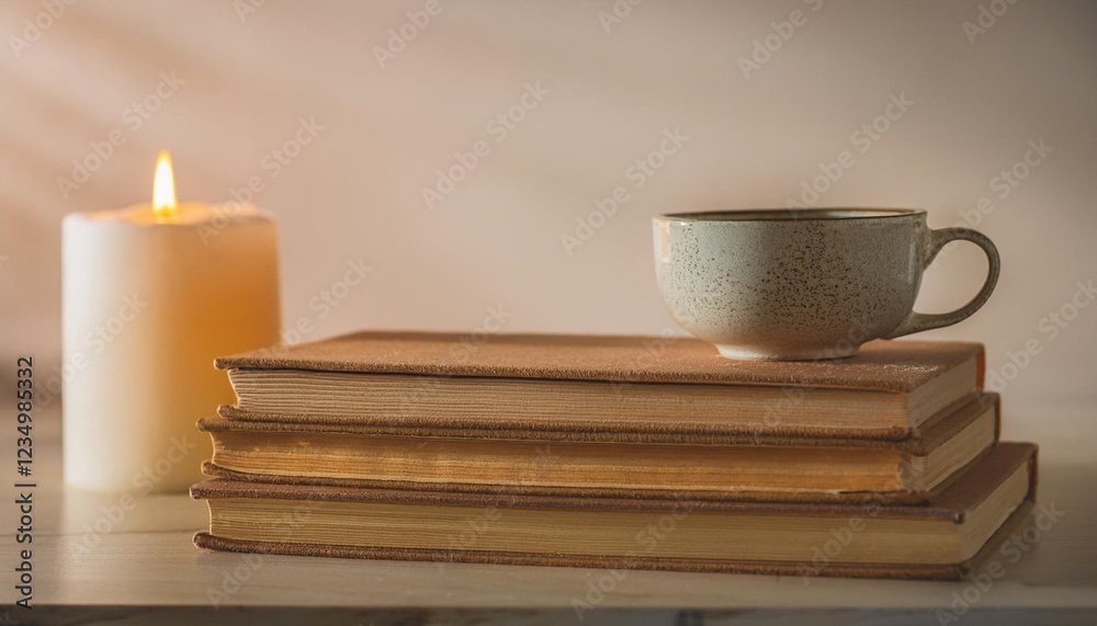 Stack of Old Books Paired with a Cup of Tea and Candlelight Stack of Old Books Paired with a Cup of Tea and Candlelight