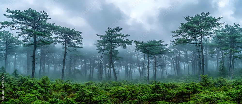 Obraz premium A serene misty forest scene featuring tall pine trees enveloped in fog, conveying a tranquil and mysterious atmosphere amidst lush green undergrowth.