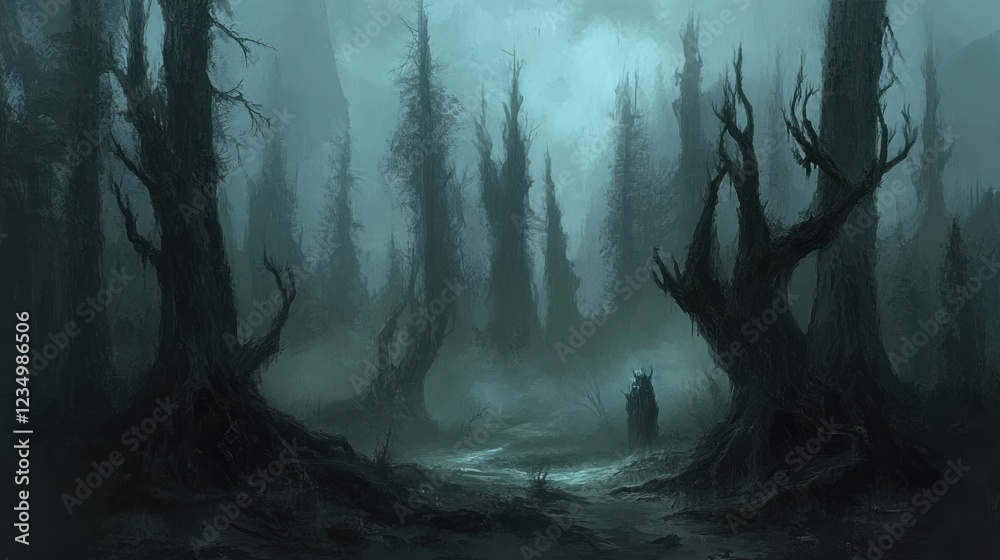 Fototapeta premium Dark Figure Stands in a Gloomy Twisted Forest