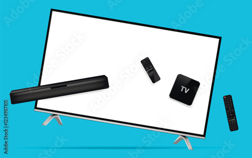 Smart tv with blank white screen and home theater accessories levitation in the air on a blue background