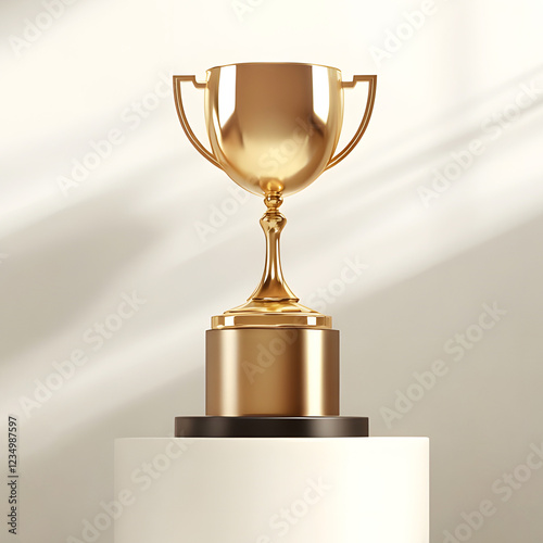 gold champion trophy cup on a white podium
