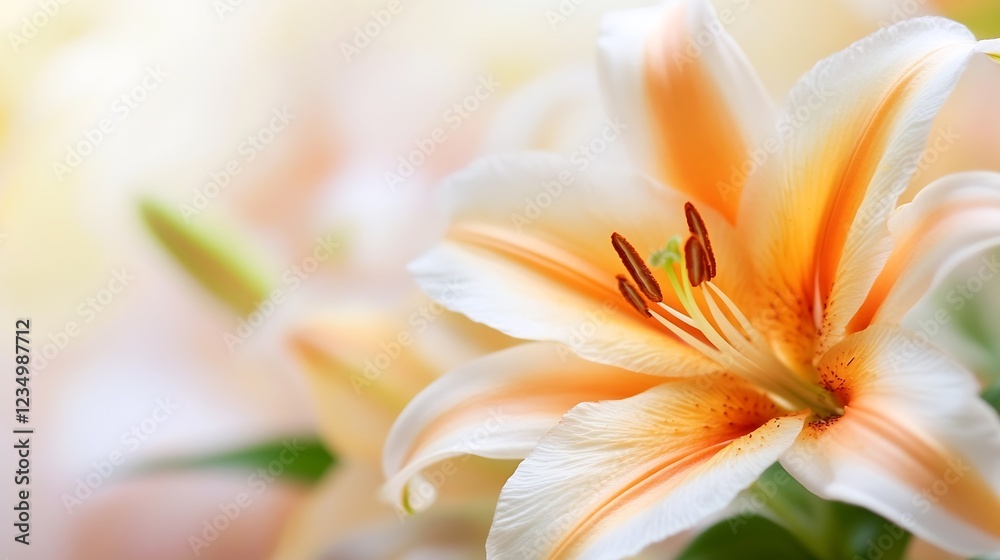 Fototapeta premium Elegant Orange and White Lily in Full Bloom Amidst Soft Pastel Background : Generative AI