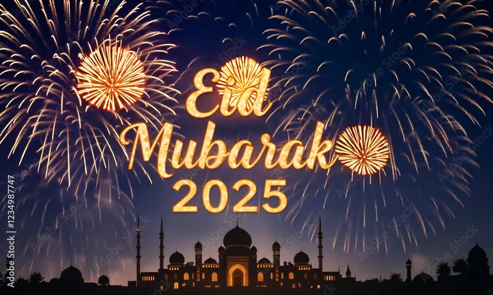 Eid Mubarak 2025 Text Effect Provides Islamic, Ramadan and Mosque Designs With Fireworks Fragments. 4k videos