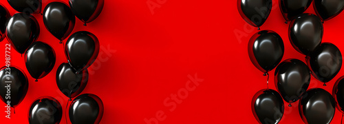 black balloons floating or flying in front of red background with copy space in the middle
