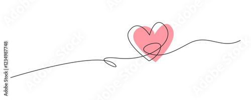 Hand drawn heart continous line doodle style. Love or heart line art drawing. Editable line vector illustration