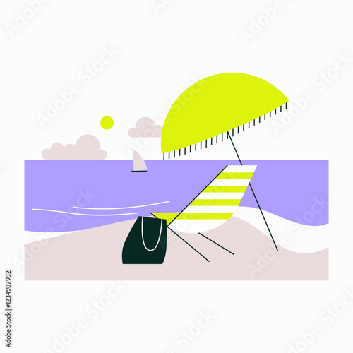 Beach Chair With Umbrella Near Ocean in Flat Vector Illustration Symbolizing Summer Vacation, Relaxation, and Travel, Isolated on White Background