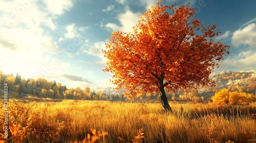 Vibrant Autumn Tree in Golden Meadow Under Blue Skies Capturing Seasonal Beauty : Generative AI photo