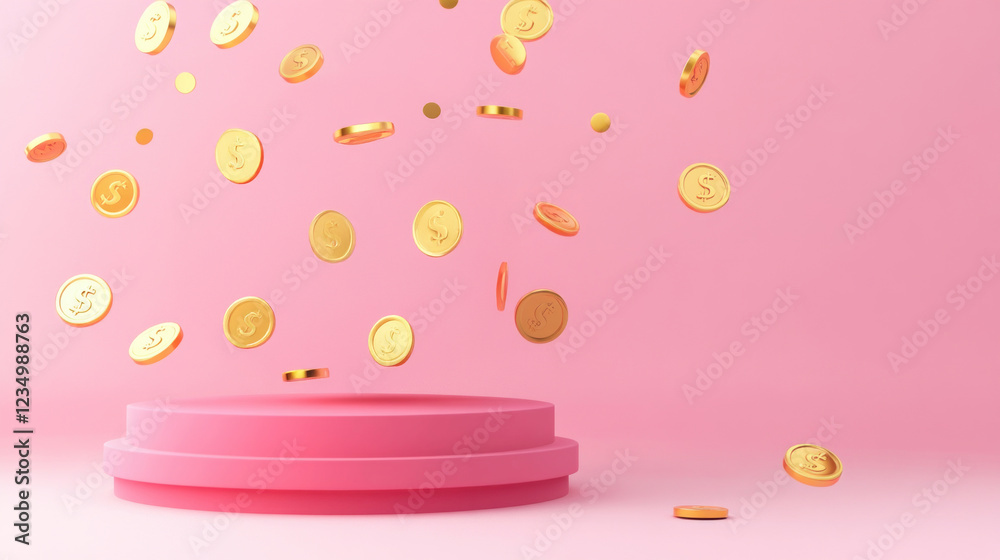 Floating gold coins in a pink studio business concept vibrant environment top view Floating gold coins in a pink studio business concept vibrant environment top view