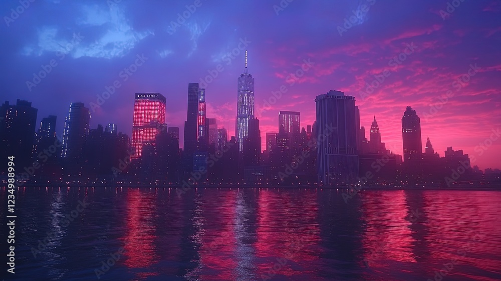 Cityscape dusk with illuminated skyline and iconic skyscrapers, modern and energetic Cityscape dusk with illuminated skyline and iconic skyscrapers, modern and energetic