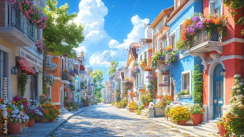 Fototapeta premium Charming European street with cobblestone paths, colorful buildings, and flower-adorned balconies, sunny and inviting