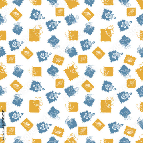 Illustration of a pattern with blue fish, algae on a yellow background.