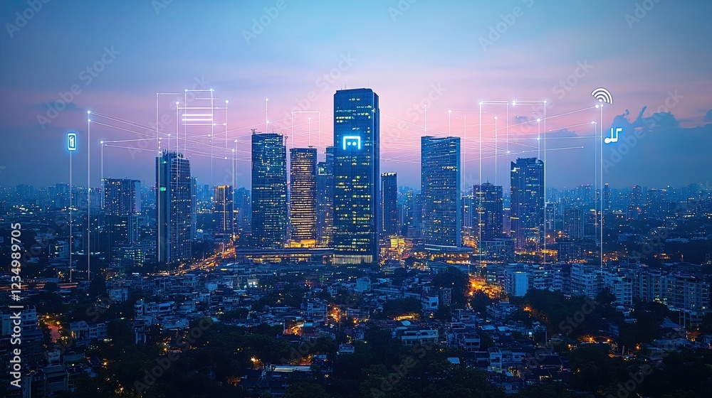 Fototapeta premium Business district with 5G network lines connecting skyscrapers, representing fast wireless connectivity 