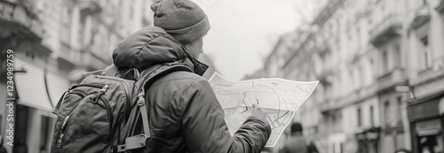 A traveler explores a new city while examining a detailed map for directions. photo