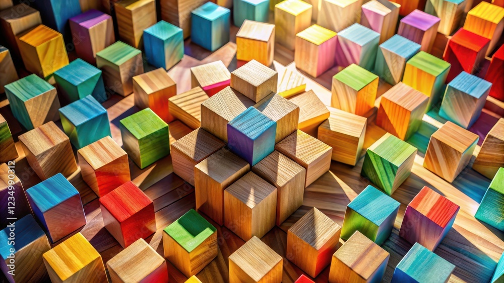 A Colorful and Abstract Arrangement of Wooden Cubes Creating a Geometric Design with Bright Hues and Intricate Shadows A Colorful and Abstract Arrangement of Wooden Cubes Creating a Geometric Design with Bright Hues and Intricate Shadows