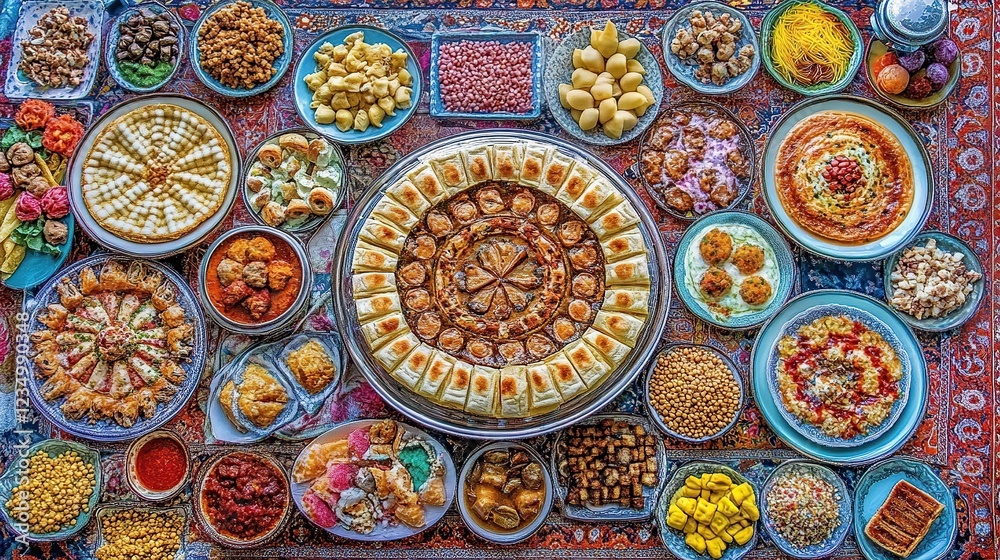Obraz premium Festive Central Asian food spread on carpet
