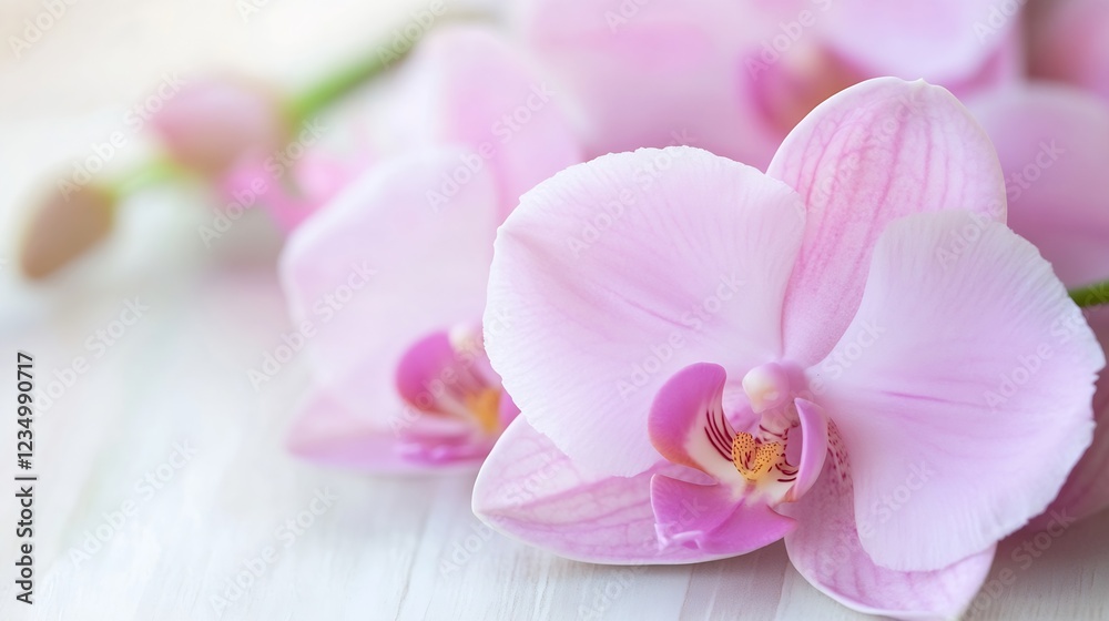 Soft pink orchid flowers showcasing delicate petal textures on a gentle wooden backdrop : Generative AI Soft pink orchid flowers showcasing delicate petal textures on a gentle wooden backdrop : Generative AI