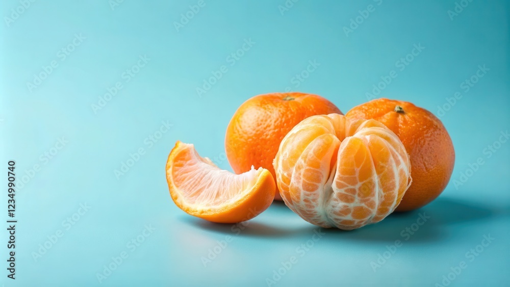 A bright and juicy mandarin orange peel next to a whole mandarin orange and a segment of the fruit, all against a vibrant turquoise background. A bright and juicy mandarin orange peel next to a whole mandarin orange and a segment of the fruit, all against a vibrant turquoise background.