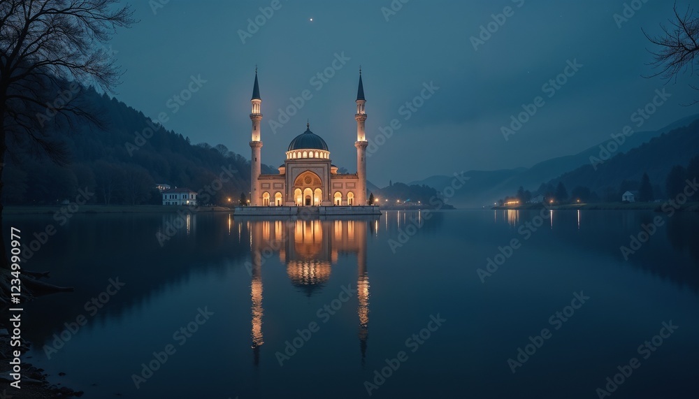 Naklejka premium Illuminated Mosque Reflecting on a Still Lake Under Soft Starlight, Night of Bara’at