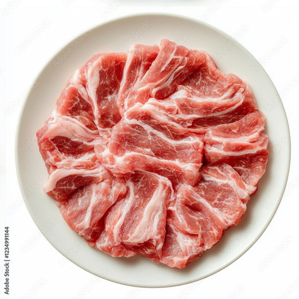 Images shot in Top View, raw pork arranged in perfect circular shape, looking very fresh. White background, isolated Images shot in Top View, raw pork arranged in perfect circular shape, looking very fresh. White background, isolated
