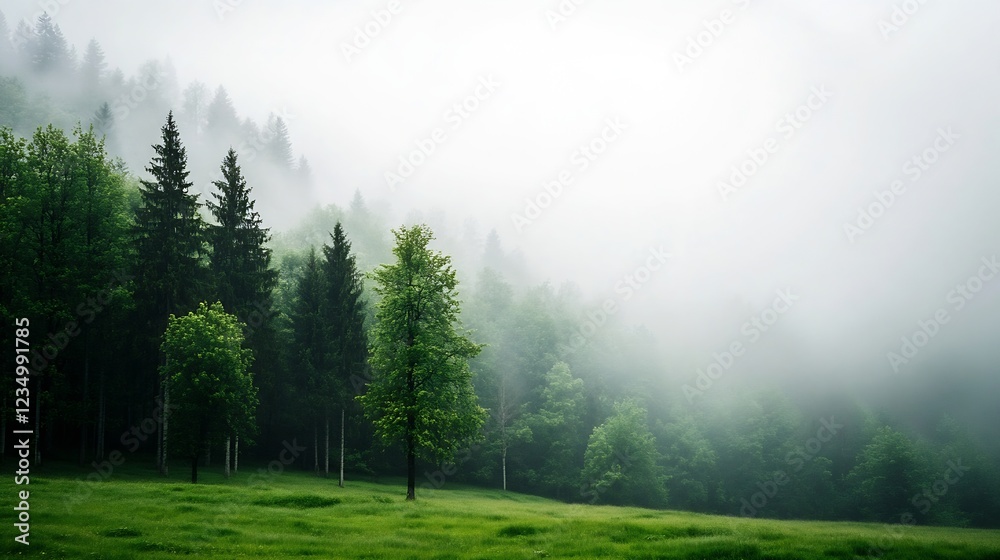 Fototapeta premium Serene Misty Forest Landscape with Greenery and Atmospheric Foggy Backdrop : Generative AI