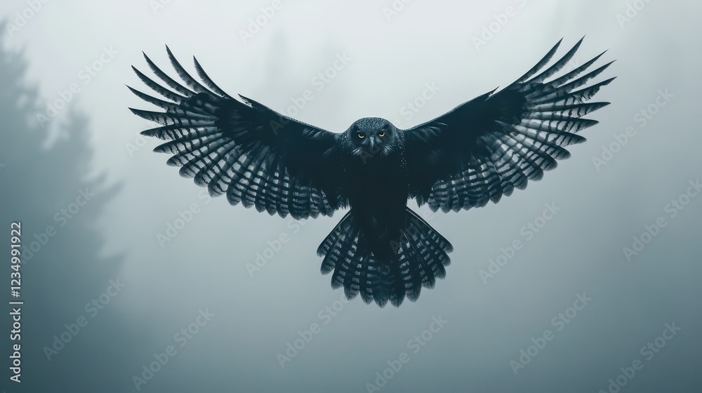 Naklejka premium Majestic Owl in Flight Amidst Misty Forest Background