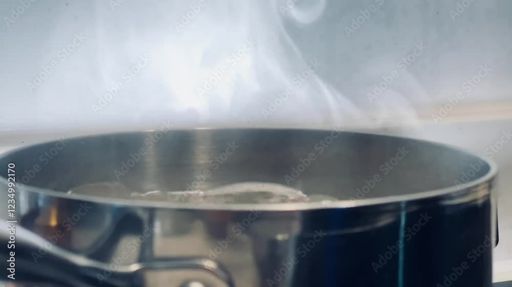 Steam rises gracefully from a simmering pot of water on a sleek stovetop, evoking a sense of warmth, simplicity, and the art of home cooking