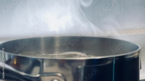 Steam rises gracefully from a simmering pot of water on a sleek stovetop, evoking a sense of warmth, simplicity, and the art of home cooking