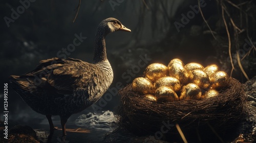 Prosperity in Night Goose and Golden Egg Nest in Forest