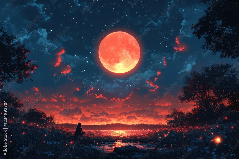 Serene Nightscape with a Blood Red Moon and Silhouetted Figure Serene Nightscape with a Blood Red Moon and Silhouetted Figure