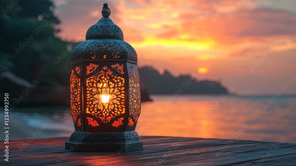 A Glowing Lantern Sits On A Wooden Surface Overlooking A Beautiful Sunset Over The Ocean. The Scene Is Peaceful And Serene, Perfect For Reflection.