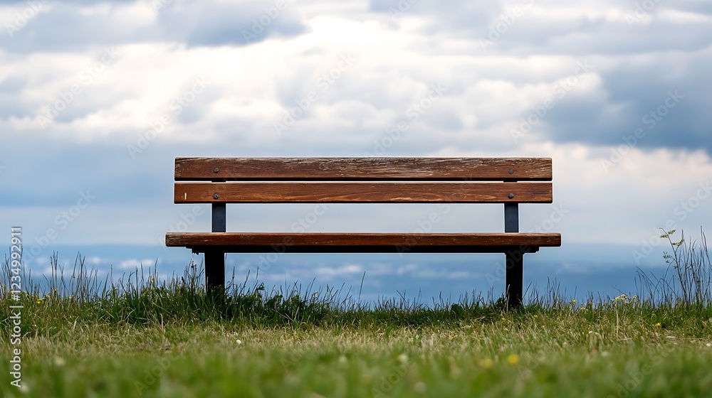 Lonely Wooden Bench in Lush Green Field Overlooking Cloudy Sky : Generative AI Lonely Wooden Bench in Lush Green Field Overlooking Cloudy Sky : Generative AI