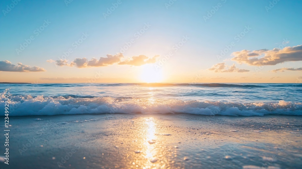 Fototapeta premium Breathtaking Sunrise Over Calming Ocean Waves Reflecting Golden Light Tranquil Beach Escape : Generative AI
