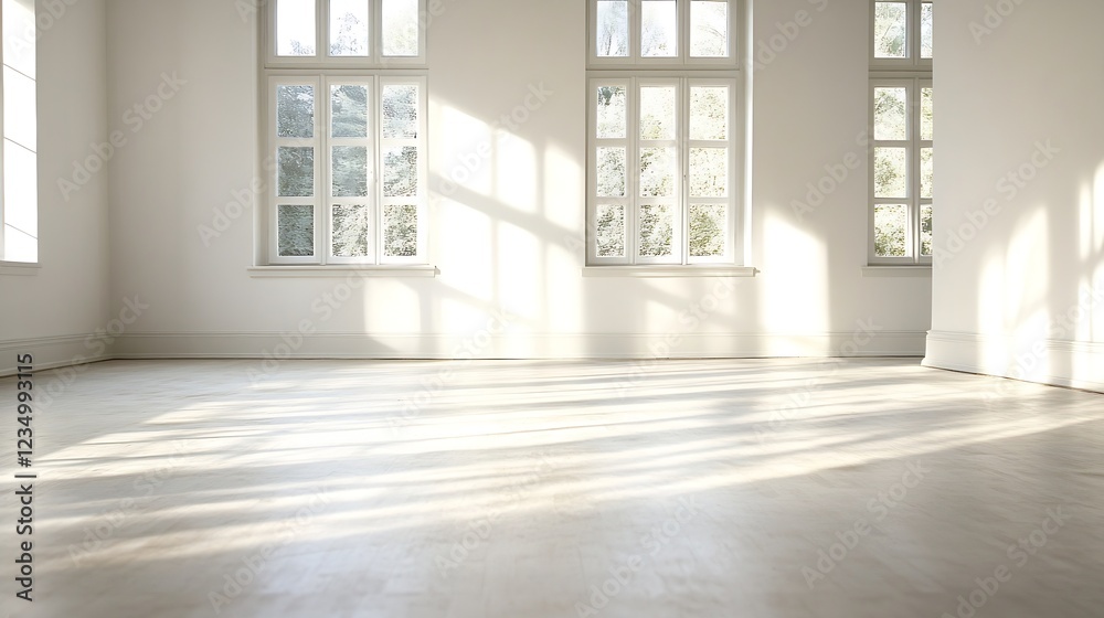 Fototapeta premium Bright Empty Room with Large Windows and Wooden Floors Illuminated by Sunlight : Generative AI
