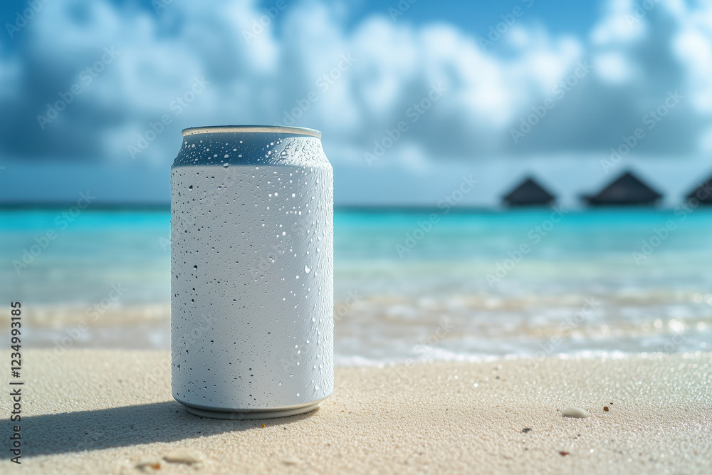 A white blank soda can with water droplets in the sand, with a beach and ocean in the background A white blank soda can with water droplets in the sand, with a beach and ocean in the background