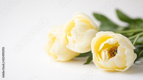 Elegant YellowWhite Peonies with Lush Green Leaves on Clean White Background : Generative AI photo