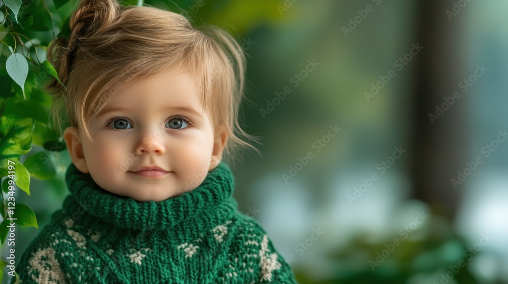 Adorable toddler in a cozy green sweater, gazing thoughtfully. Adorable toddler in a cozy green sweater, gazing thoughtfully.