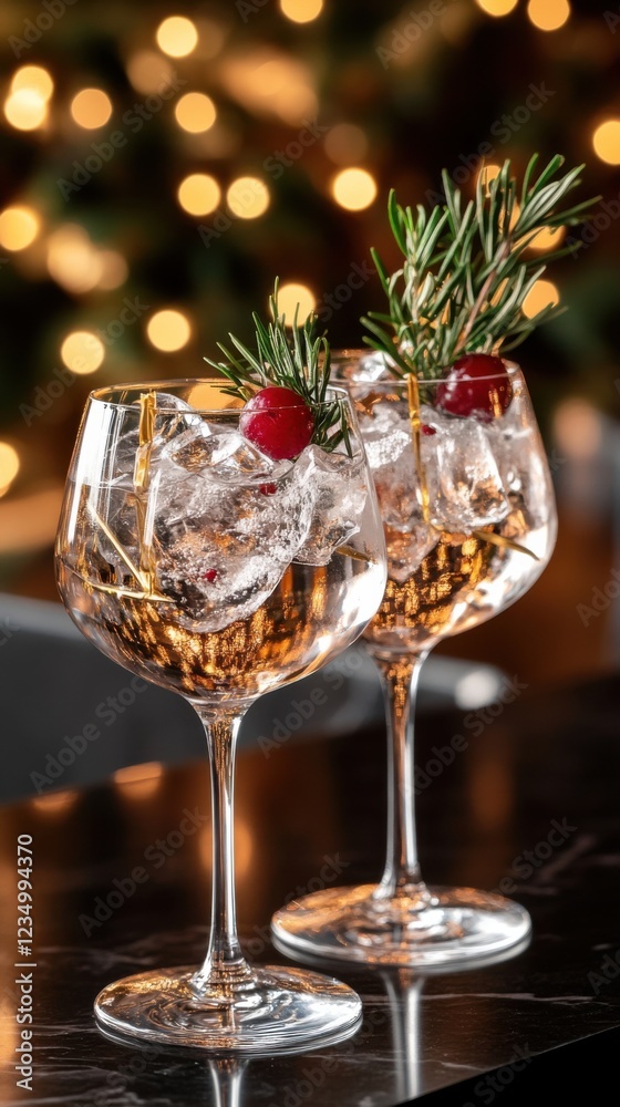 Obraz premium Two elegantly decorated cocktail glasses with rosemary and cherries, filled with ice cubes, set against a bokeh background of warm lights.