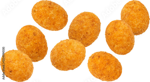 Billede på lærred Falling paprika coated peanuts isolated on white background