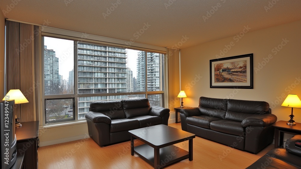 Fototapeta premium Modern City Apartment Living Room with Panoramic View