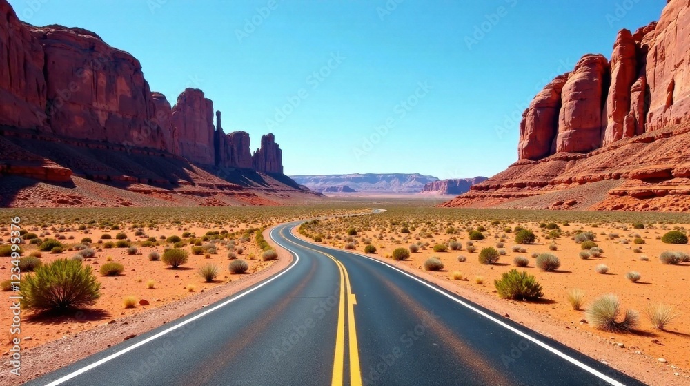 Fototapeta premium A scenic desert highway winds through a dramatic red rock landscape under a vibrant blue sky, promising adventure and exploration