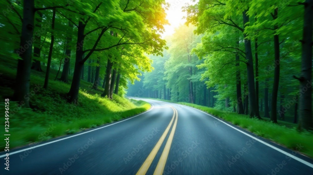 Fototapeta premium A winding asphalt road curves through a lush green forest, bathed in the warm glow of sunlight filtering through the dense canopy of trees, creating a picturesque and serene driving experience.