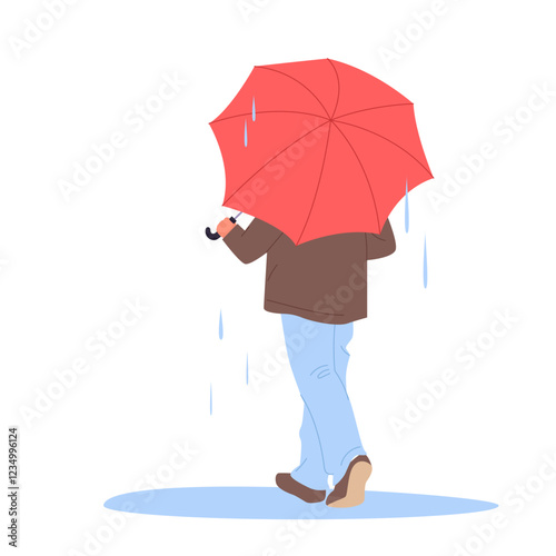 Man walking with umbrella in autumn or spring rain, rear view. Male character in coat holding red parasol to walk on puddles outside, to protect clothes from raindrops cartoon vector illustration
