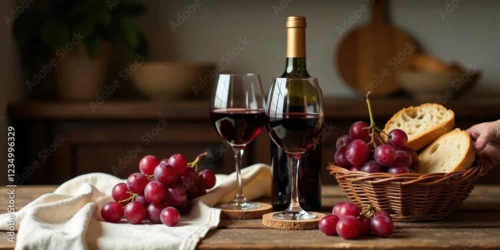 A rustic still life featuring a bottle of red wine, two glasses filled with wine, a bunch of red grapes, and crusty bread in a wicker basket on a wooden table A rustic still life featuring a bottle of red wine, two glasses filled with wine, a bunch of red grapes, and crusty bread in a wicker basket on a wooden table