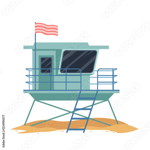 Lifeguards blue tower with flag on metal pole. Coastline and beach building of emergency team, facade with glass window and door, station of rescue duty and life protection cartoon vector illustration