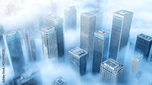 Aerial view of skyscrapers emerging from misty clouds during sunrise.