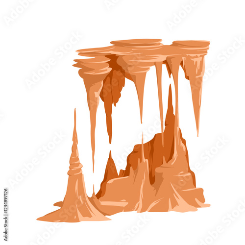 Cave stalagmites and stalactites set. Natural spiked rock formation growing on floor and ceiling of cavern or grotto, underground tunnel, geology exploration objects cartoon vector illustration