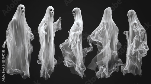 Realistic 3D vector ghosts with spooky transparent figures Perfect for creating eerie Halloween designs with ghoul or spirit silhouettes