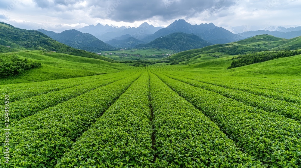 Lush green tea plantation in mountains; cloudy sky Lush green tea plantation in mountains; cloudy sky
