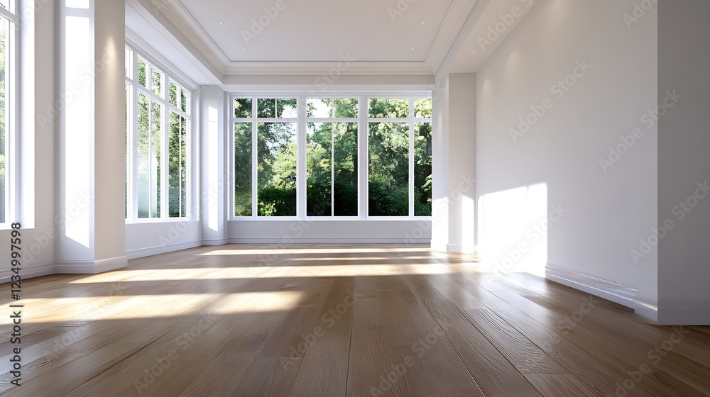 Fototapeta premium Spacious empty room with floor to ceiling windows and wooden floor overlooking lush greenery : Generative AI